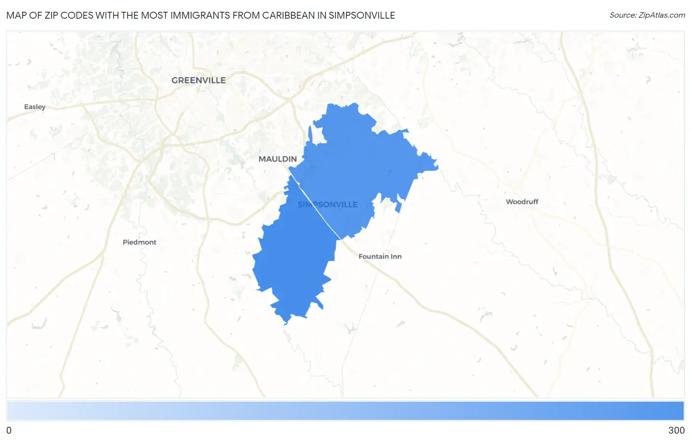 Zip Codes with the Most Immigrants from Caribbean in Simpsonville Map