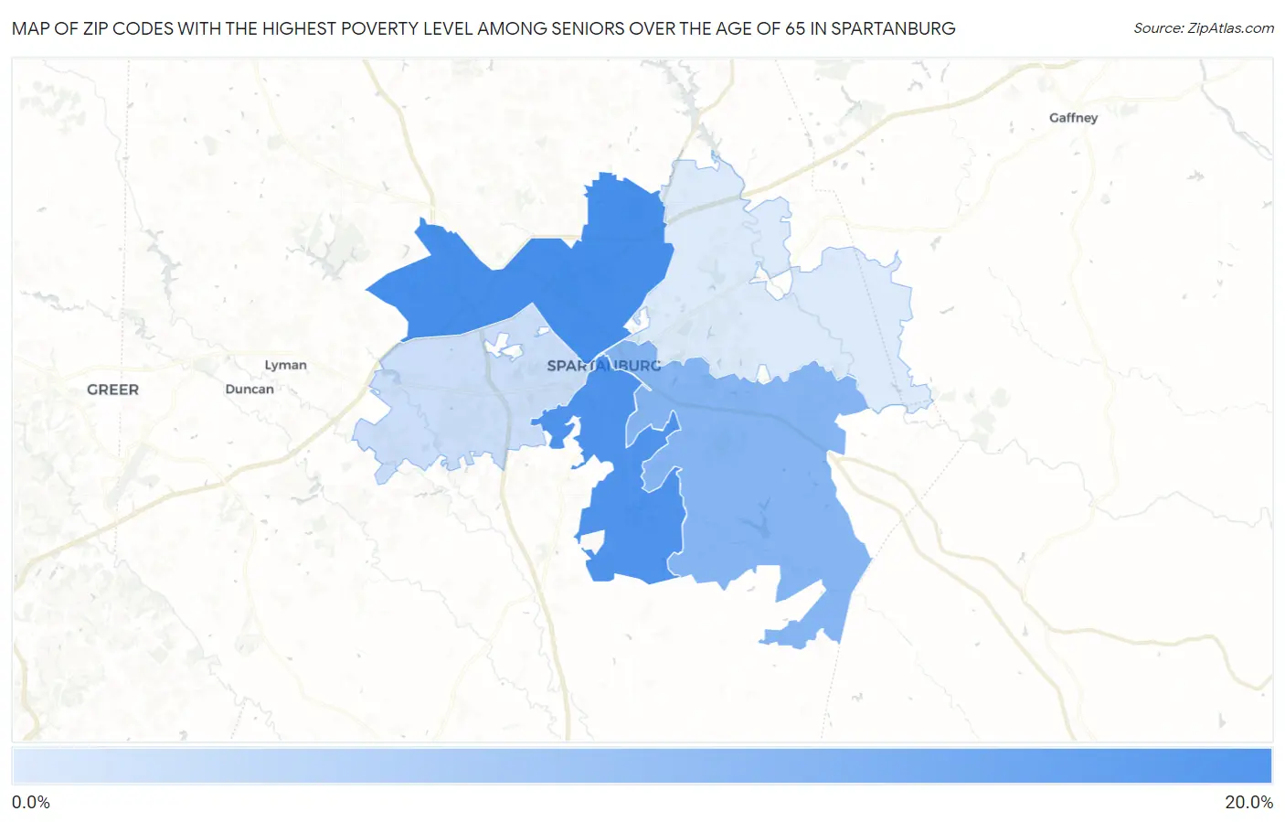Zip Codes with the Highest Poverty Level Among Seniors Over the Age of 65 in Spartanburg Map