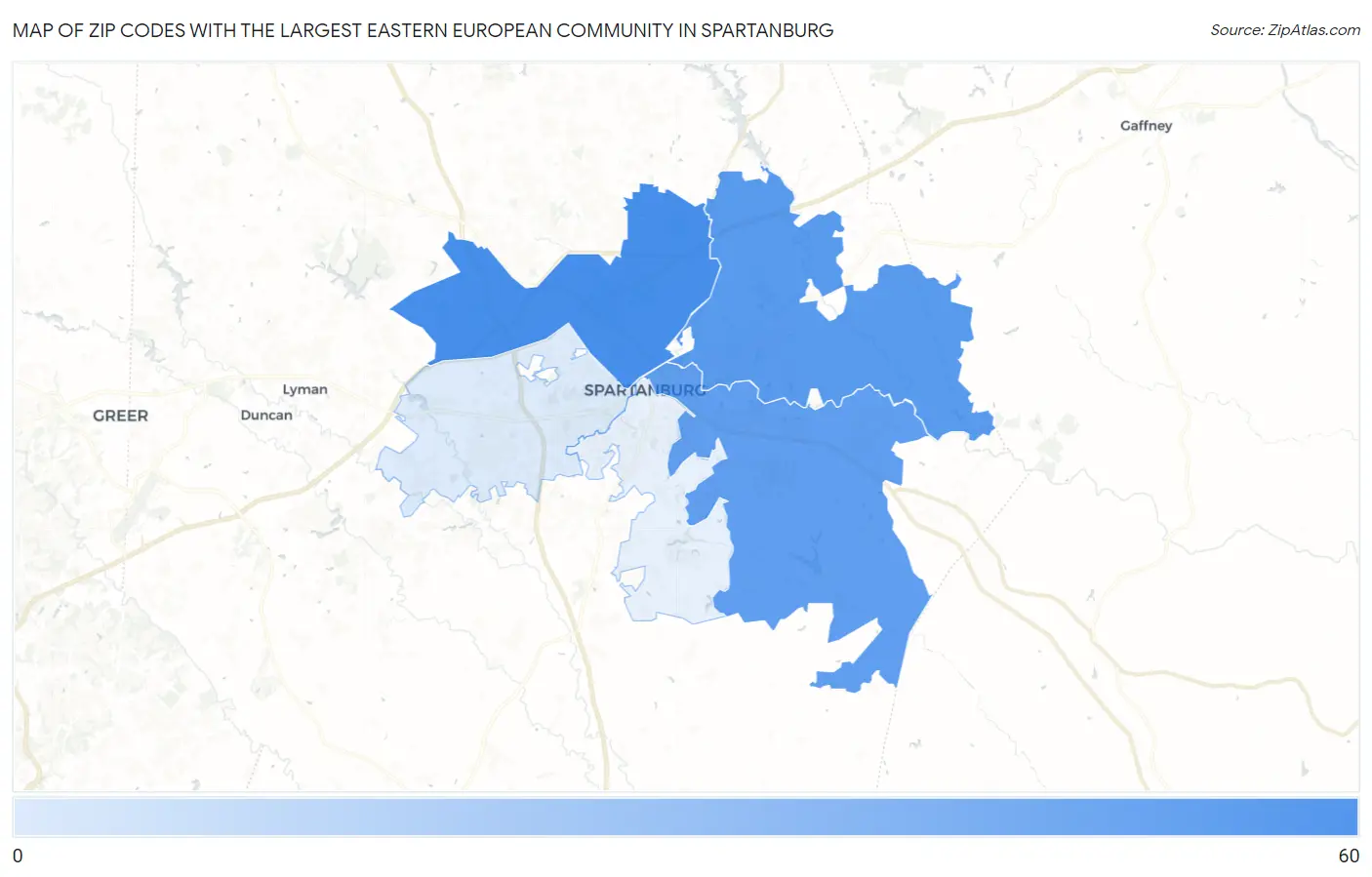 Zip Codes with the Largest Eastern European Community in Spartanburg Map