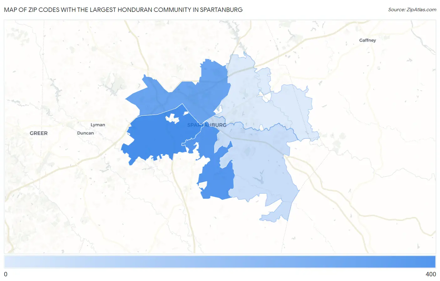 Zip Codes with the Largest Honduran Community in Spartanburg Map