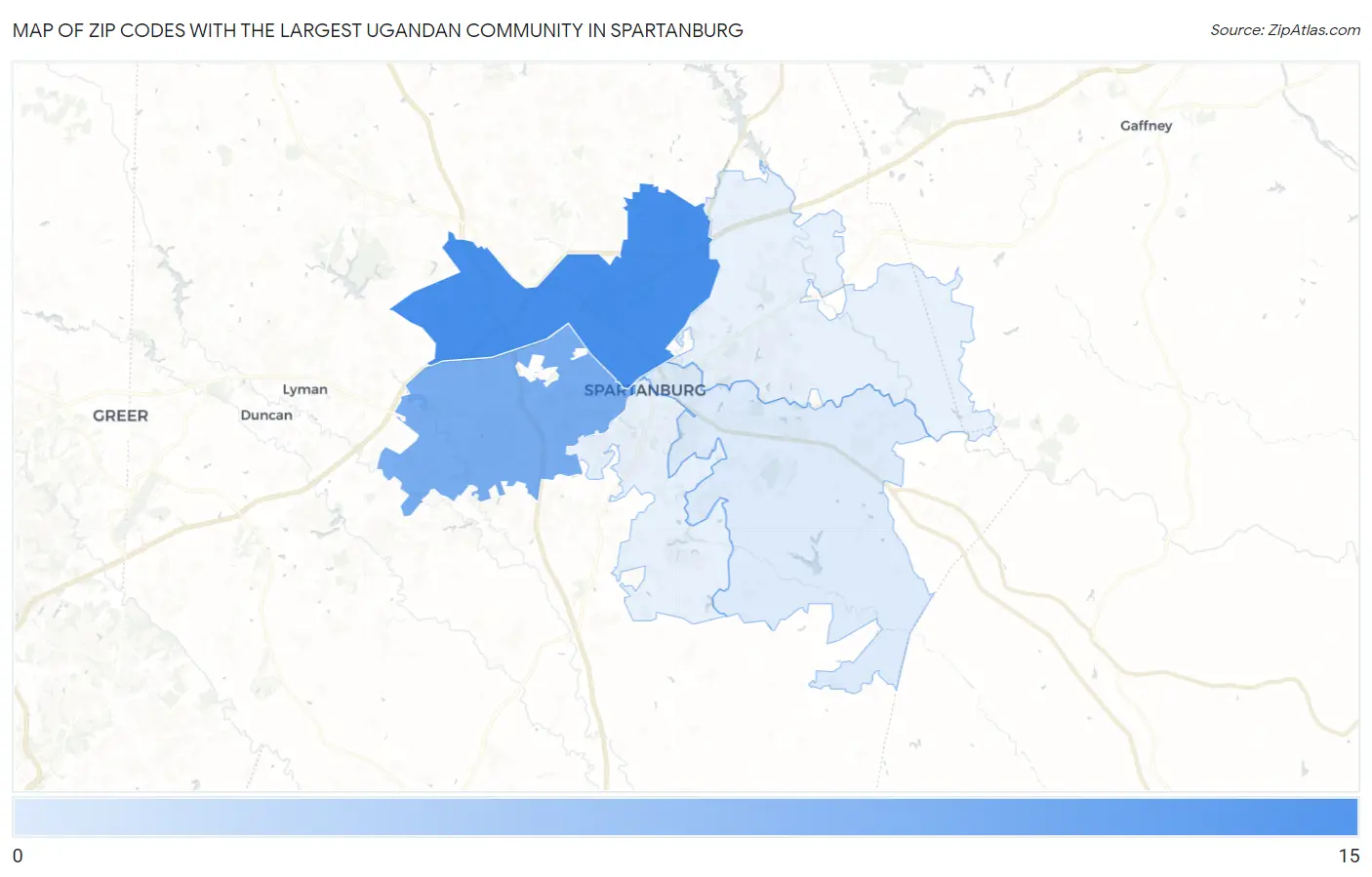 Zip Codes with the Largest Ugandan Community in Spartanburg Map