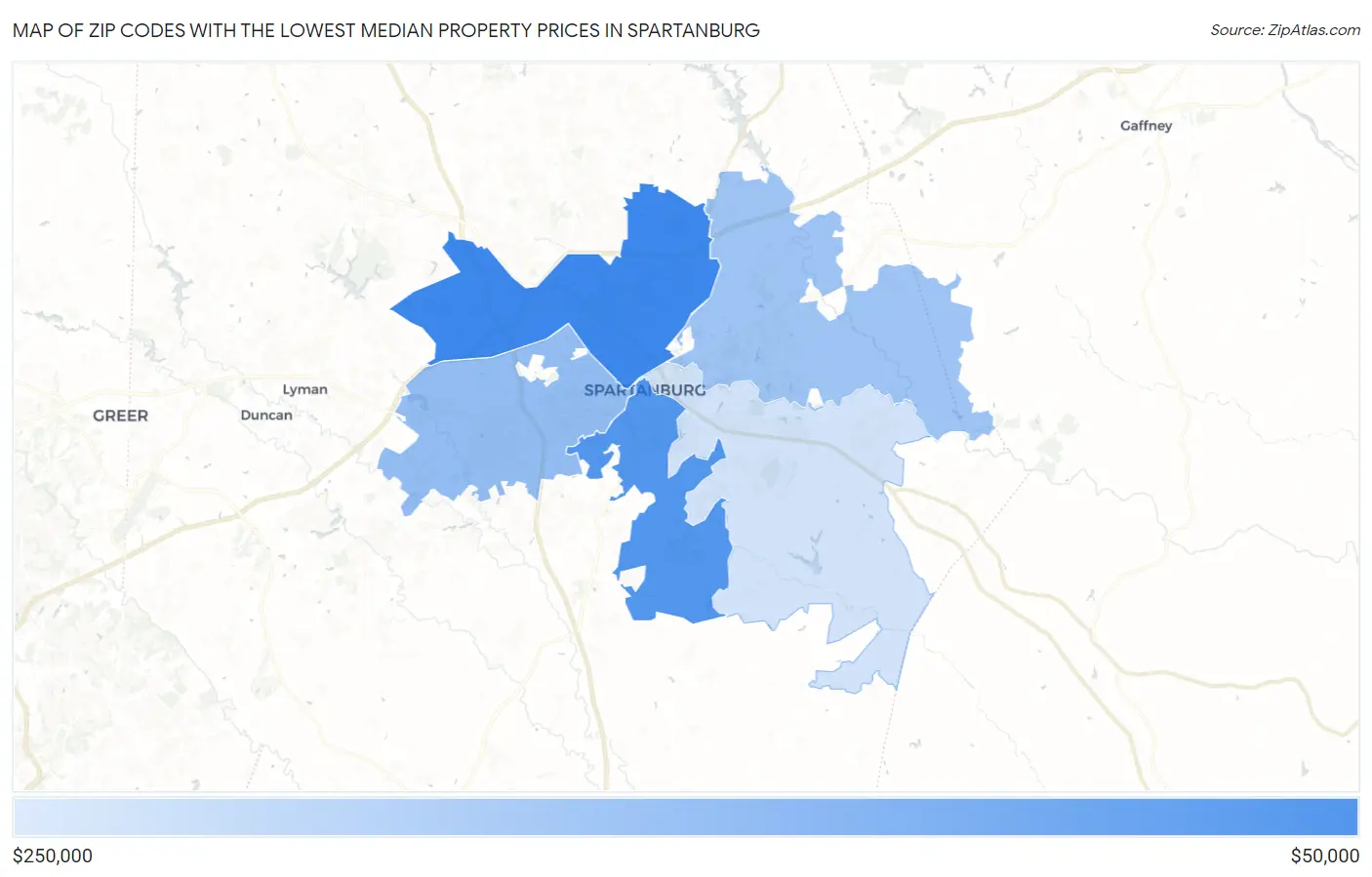Zip Codes with the Lowest Median Property Prices in Spartanburg Map