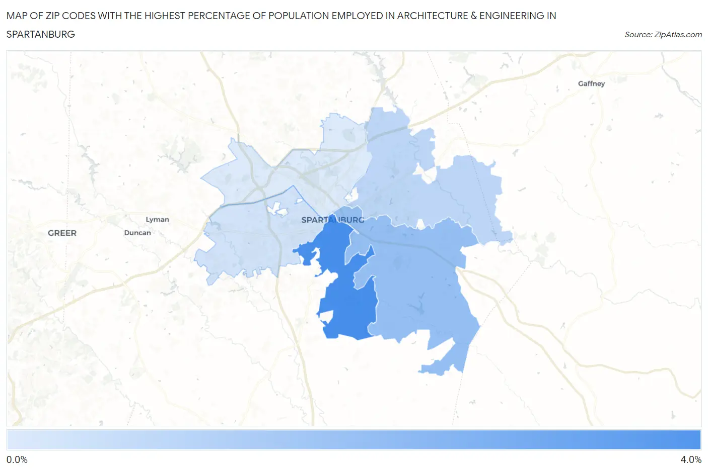 Zip Codes with the Highest Percentage of Population Employed in Architecture & Engineering in Spartanburg Map