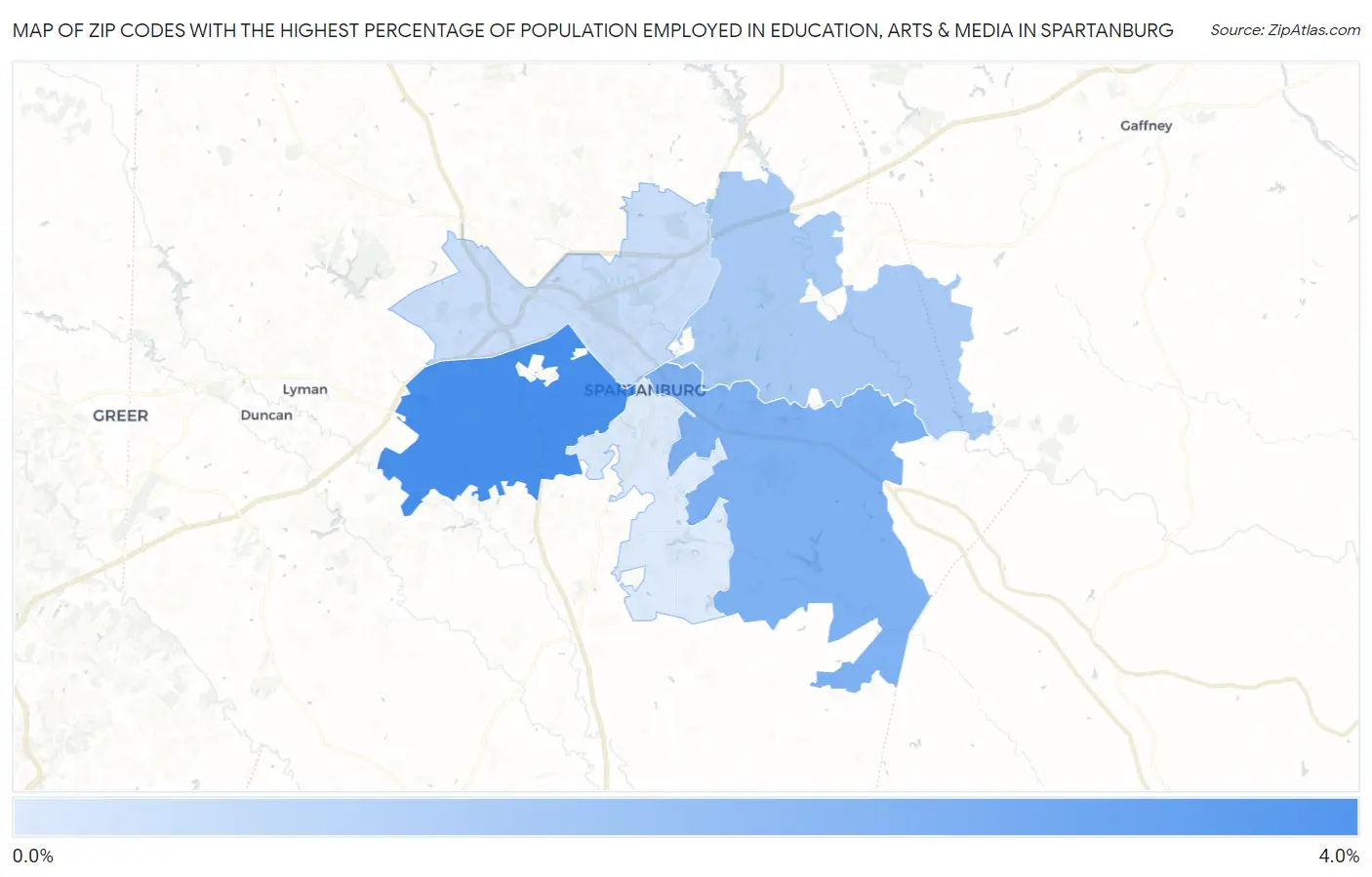 Zip Codes with the Highest Percentage of Population Employed in Education, Arts & Media in Spartanburg Map