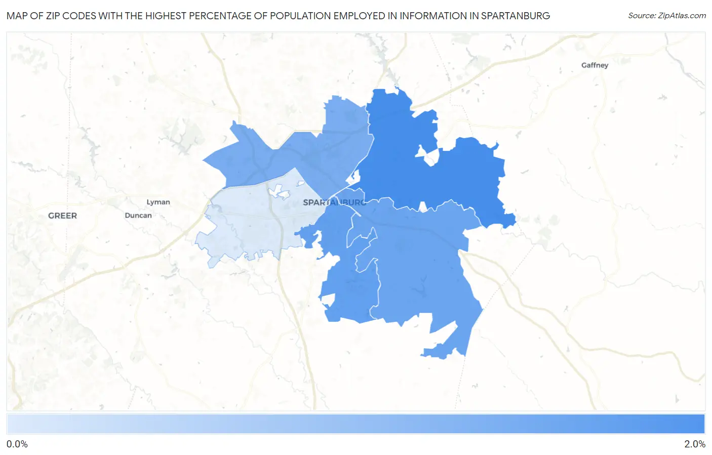 Zip Codes with the Highest Percentage of Population Employed in Information in Spartanburg Map