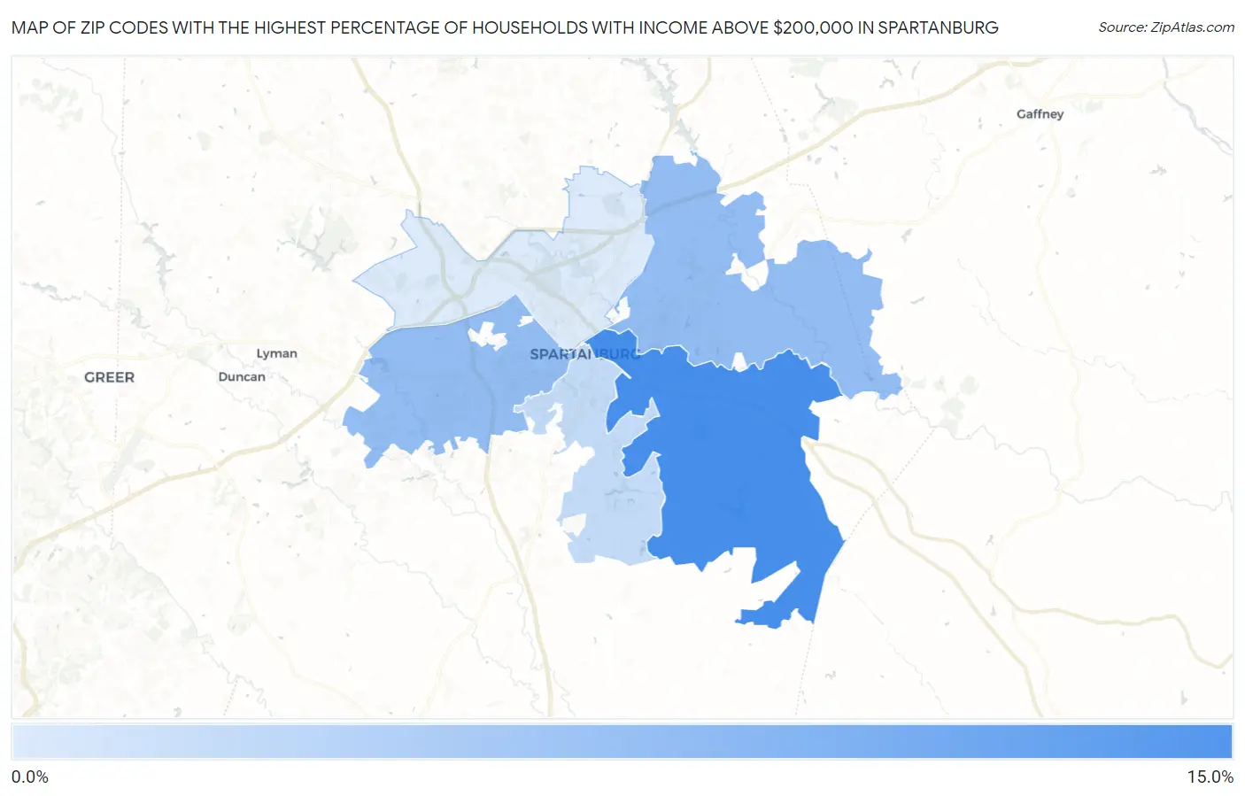 Zip Codes with the Highest Percentage of Households with Income Above $200,000 in Spartanburg Map