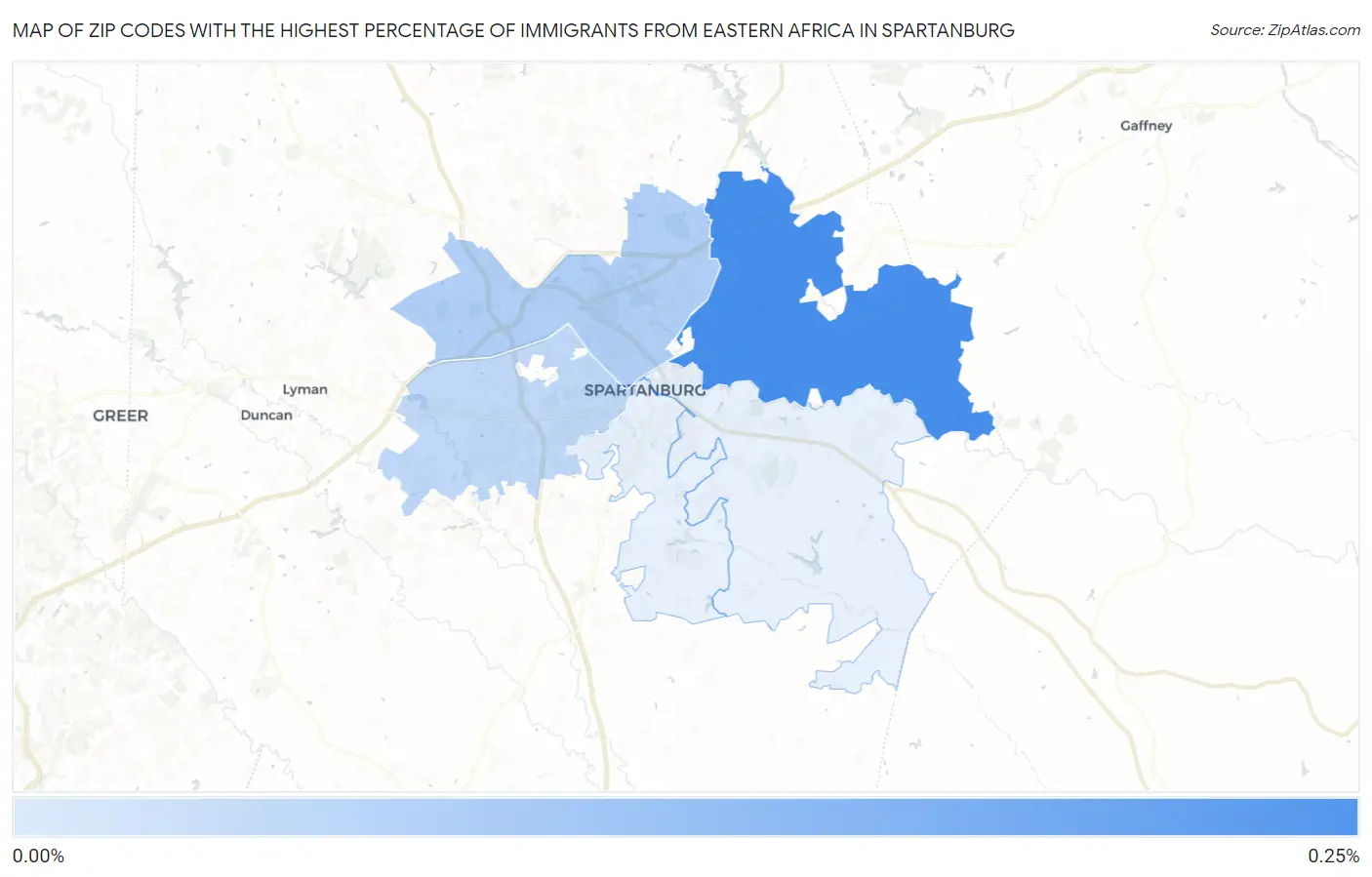 Zip Codes with the Highest Percentage of Immigrants from Eastern Africa in Spartanburg Map