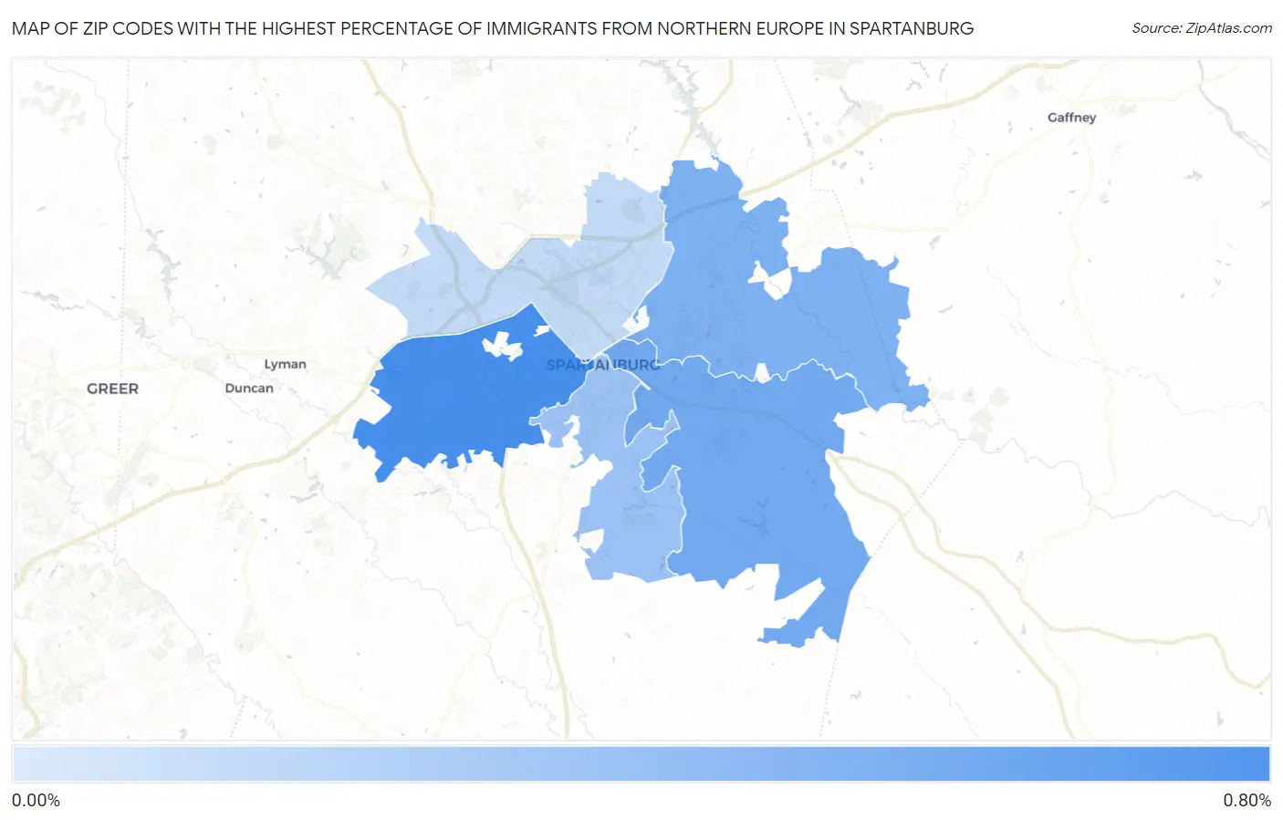 Zip Codes with the Highest Percentage of Immigrants from Northern Europe in Spartanburg Map