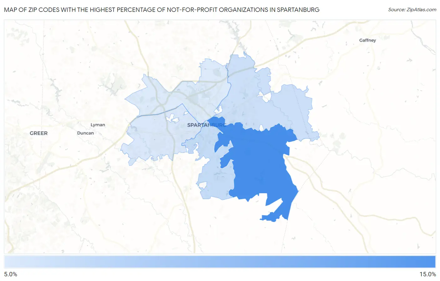 Zip Codes with the Highest Percentage of Not-for-profit Organizations in Spartanburg Map