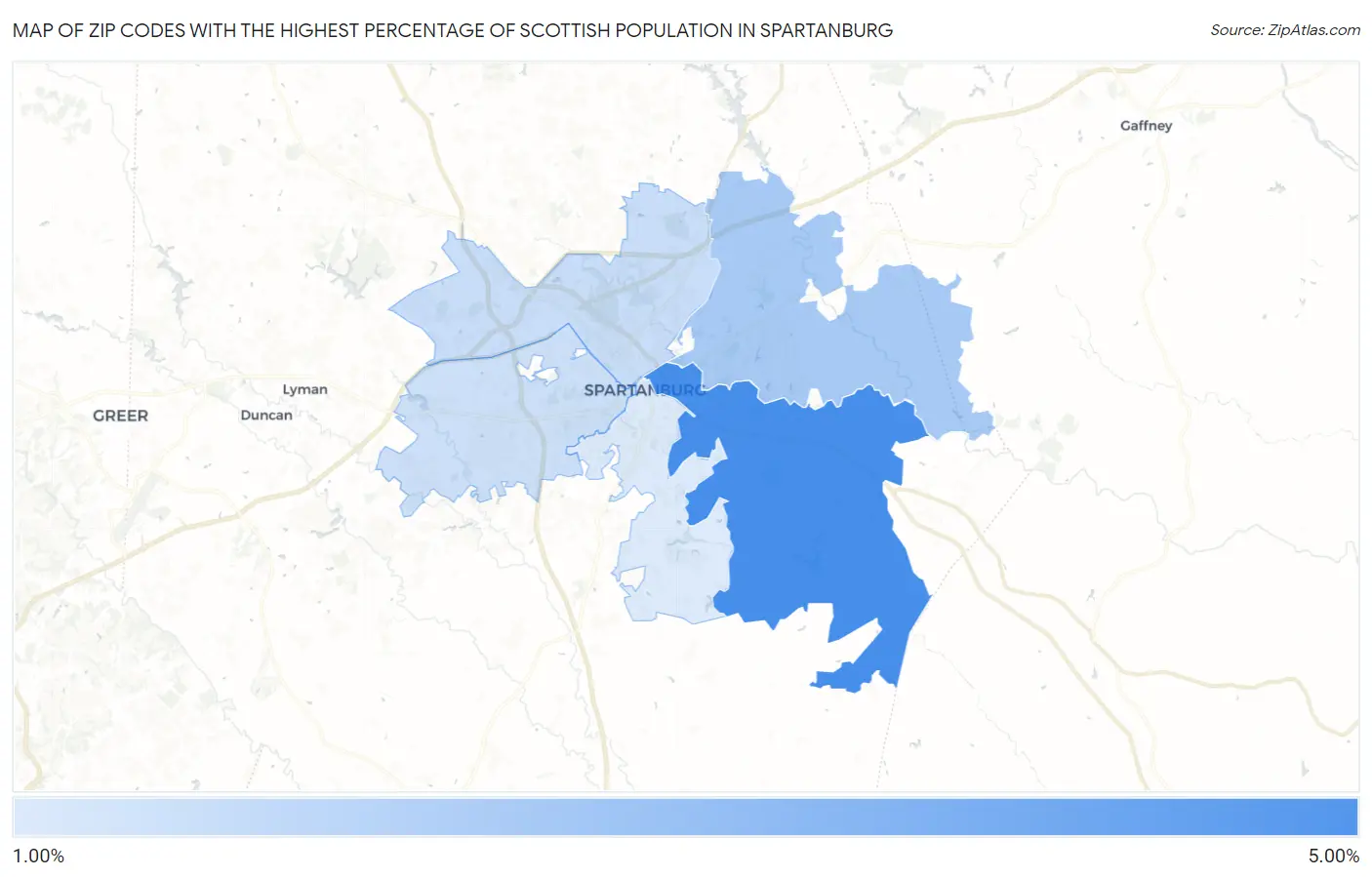 Zip Codes with the Highest Percentage of Scottish Population in Spartanburg Map