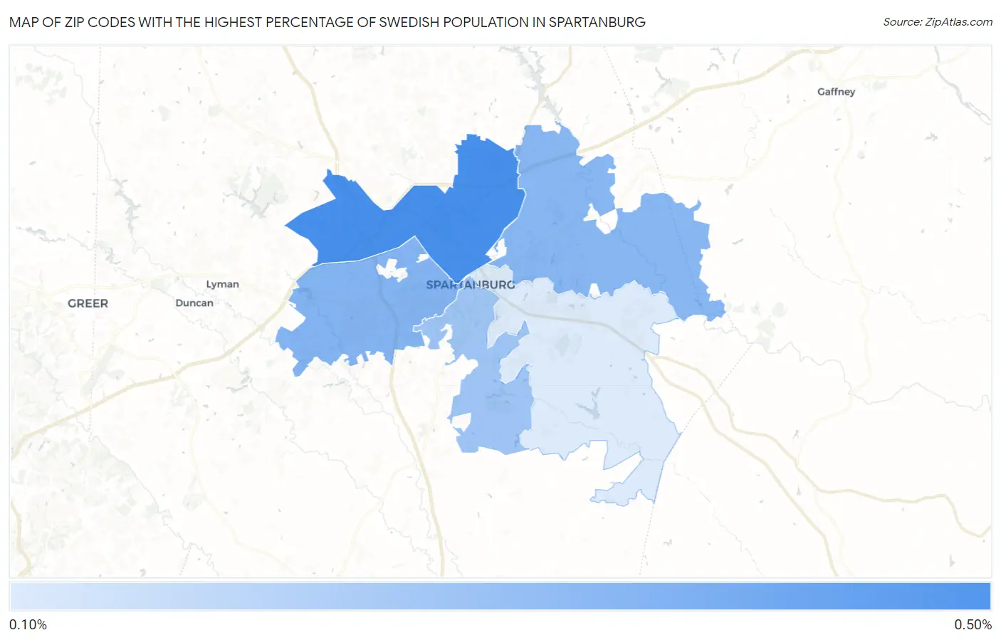 Zip Codes with the Highest Percentage of Swedish Population in Spartanburg Map