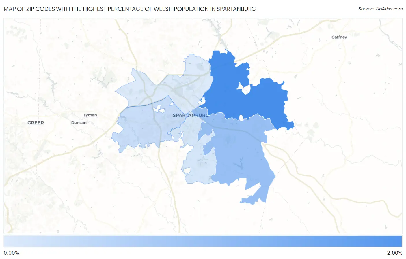Zip Codes with the Highest Percentage of Welsh Population in Spartanburg Map
