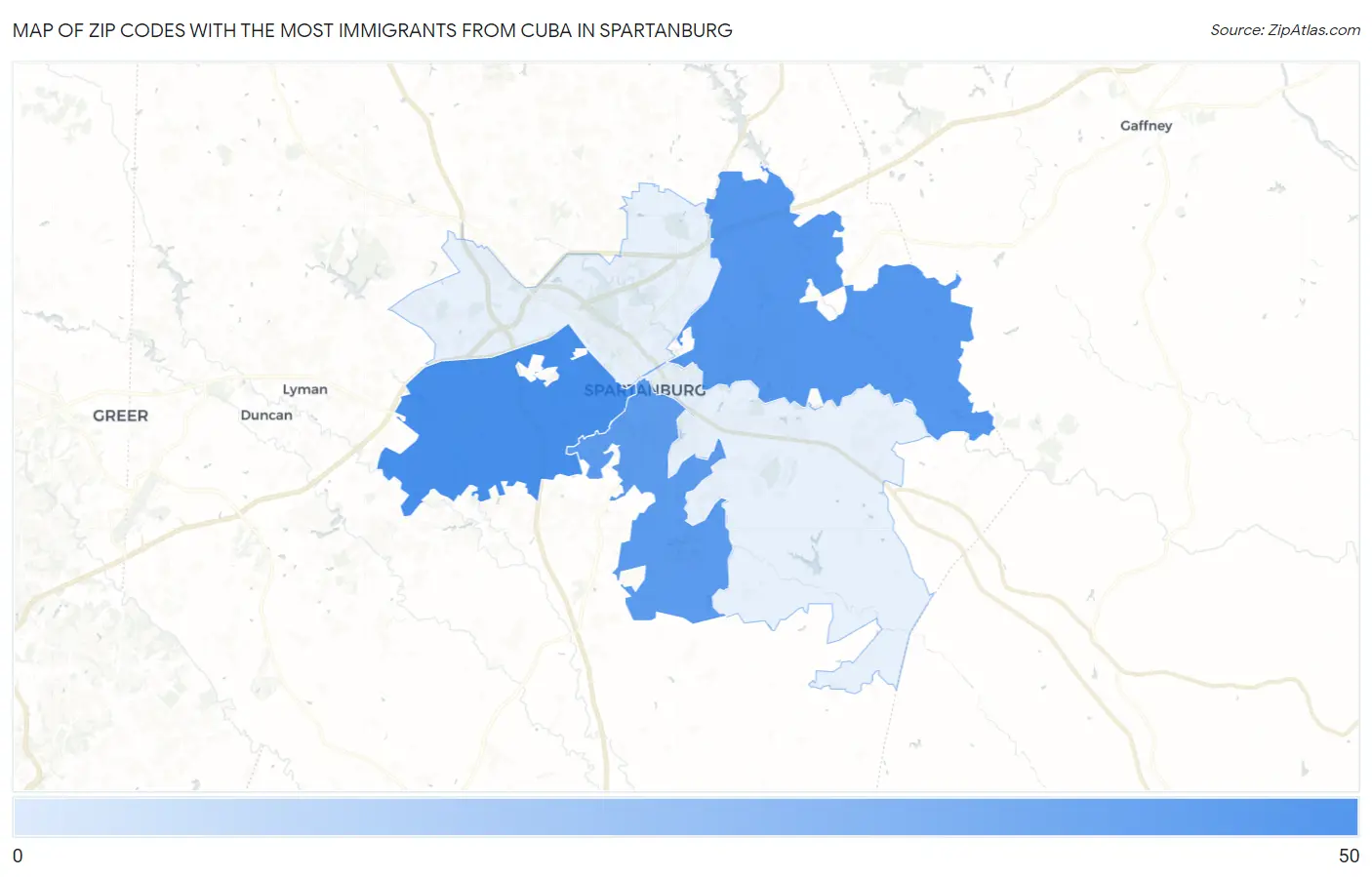 Zip Codes with the Most Immigrants from Cuba in Spartanburg Map