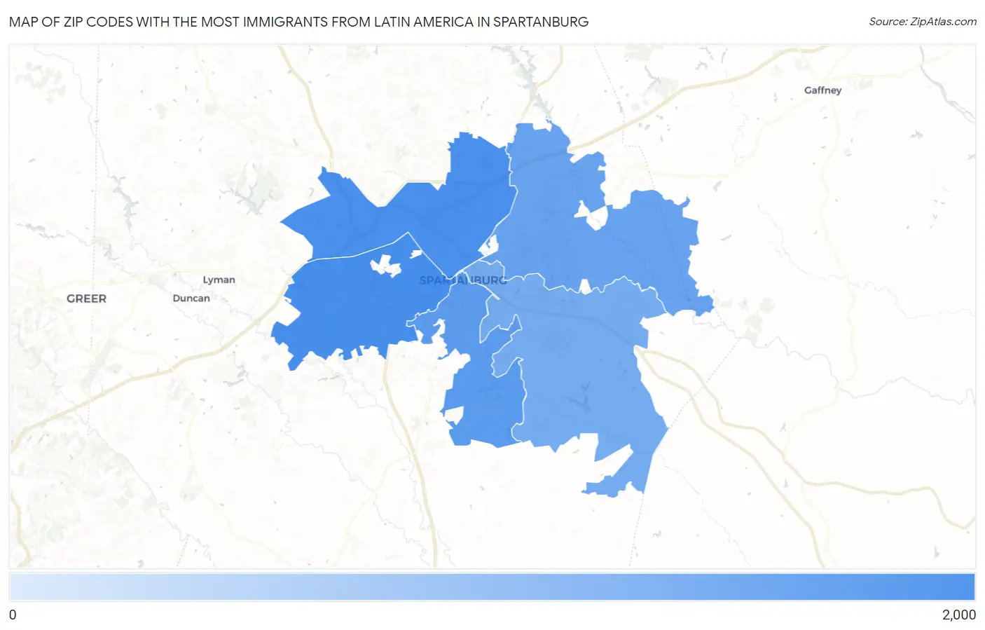Zip Codes with the Most Immigrants from Latin America in Spartanburg Map