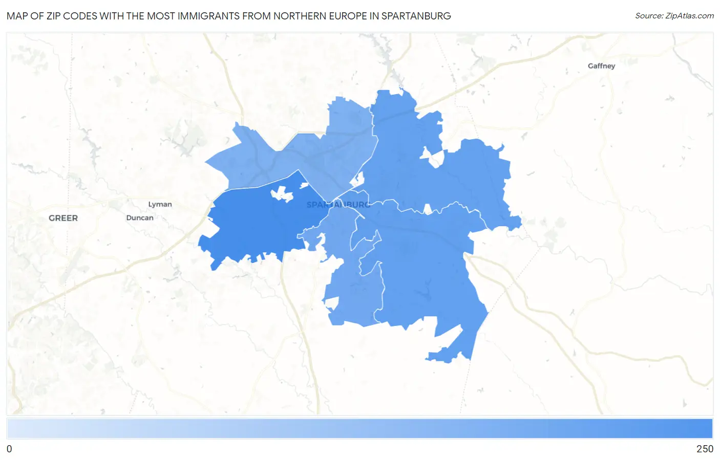 Zip Codes with the Most Immigrants from Northern Europe in Spartanburg Map