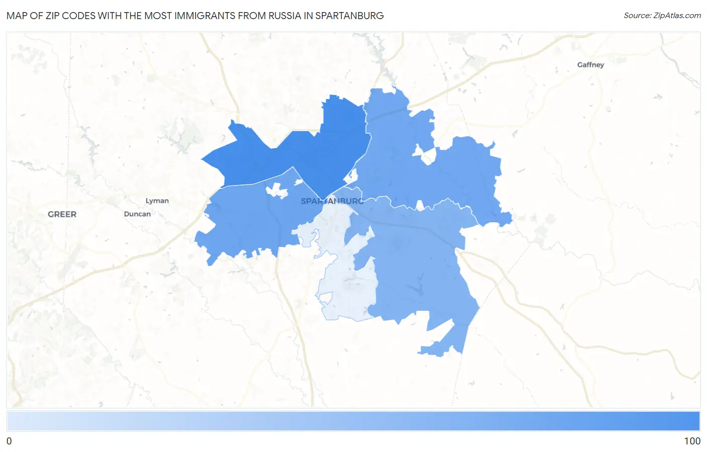 Zip Codes with the Most Immigrants from Russia in Spartanburg Map