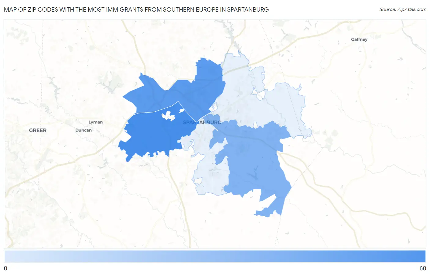 Zip Codes with the Most Immigrants from Southern Europe in Spartanburg Map