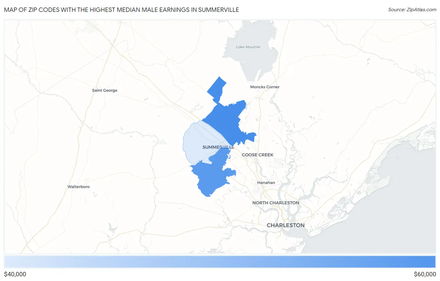 Zip Codes with the Highest Median Male Earnings in Summerville Map