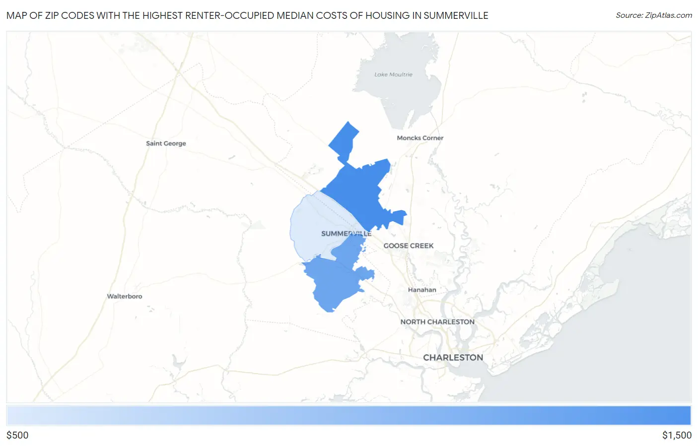 Zip Codes with the Highest Renter-Occupied Median Costs of Housing in Summerville Map