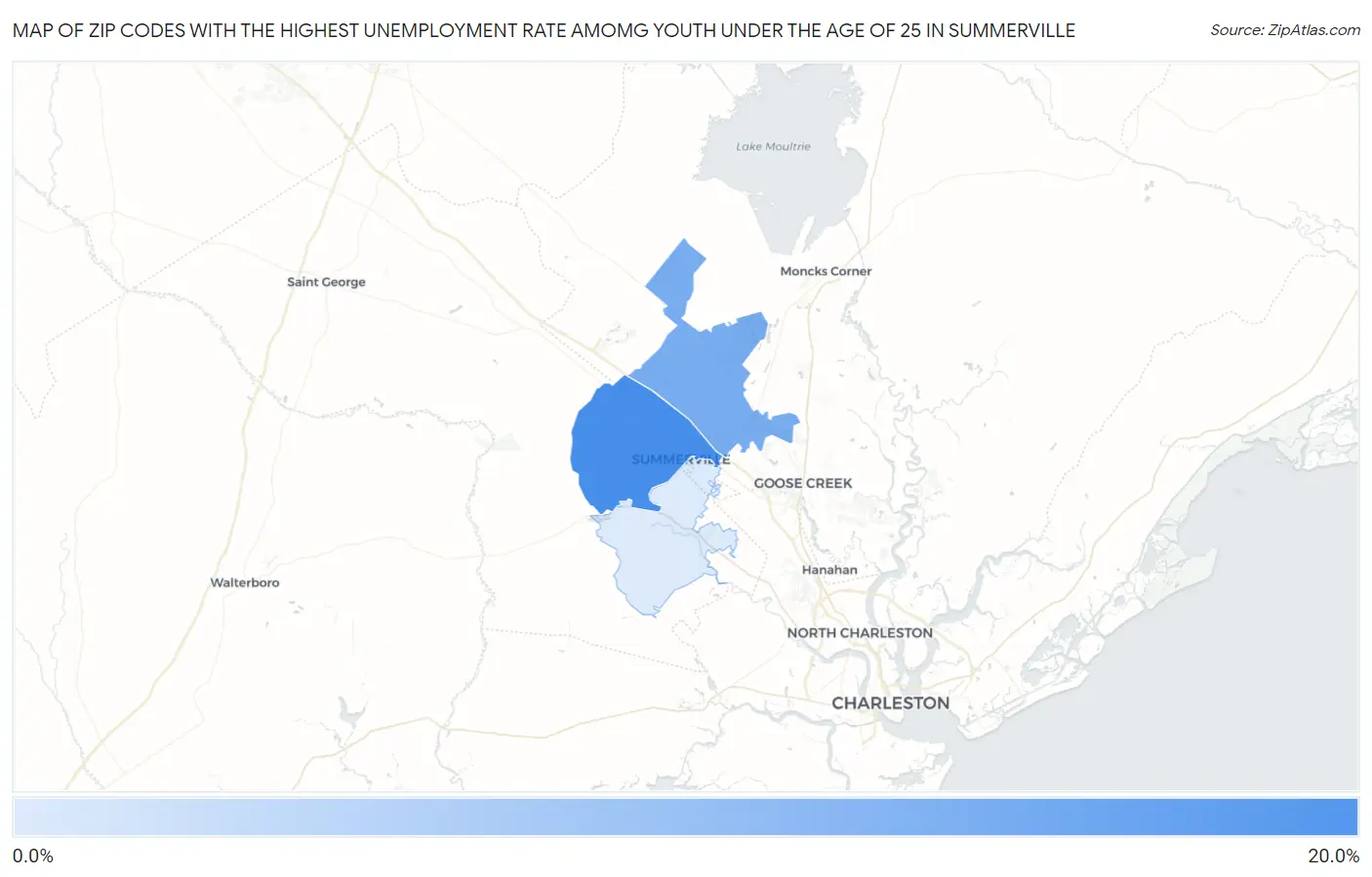 Zip Codes with the Highest Unemployment Rate Amomg Youth Under the Age of 25 in Summerville Map