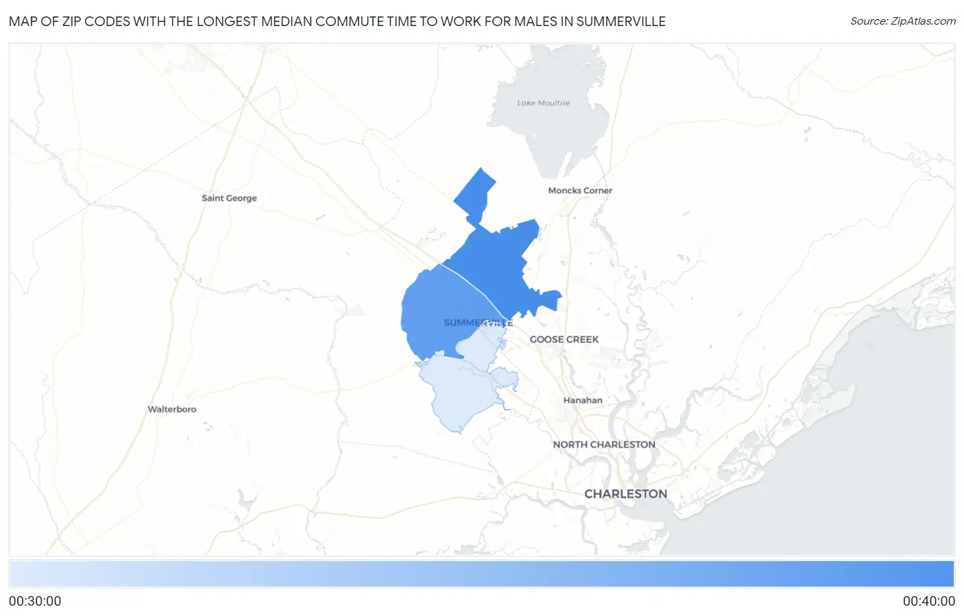 Zip Codes with the Longest Median Commute Time to Work for Males in Summerville Map
