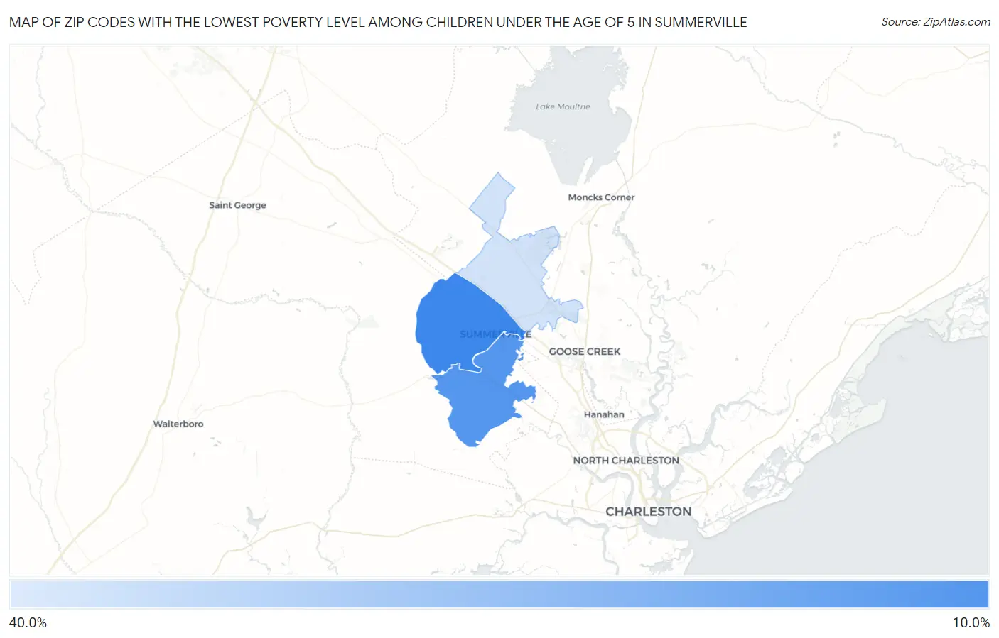 Zip Codes with the Lowest Poverty Level Among Children Under the Age of 5 in Summerville Map