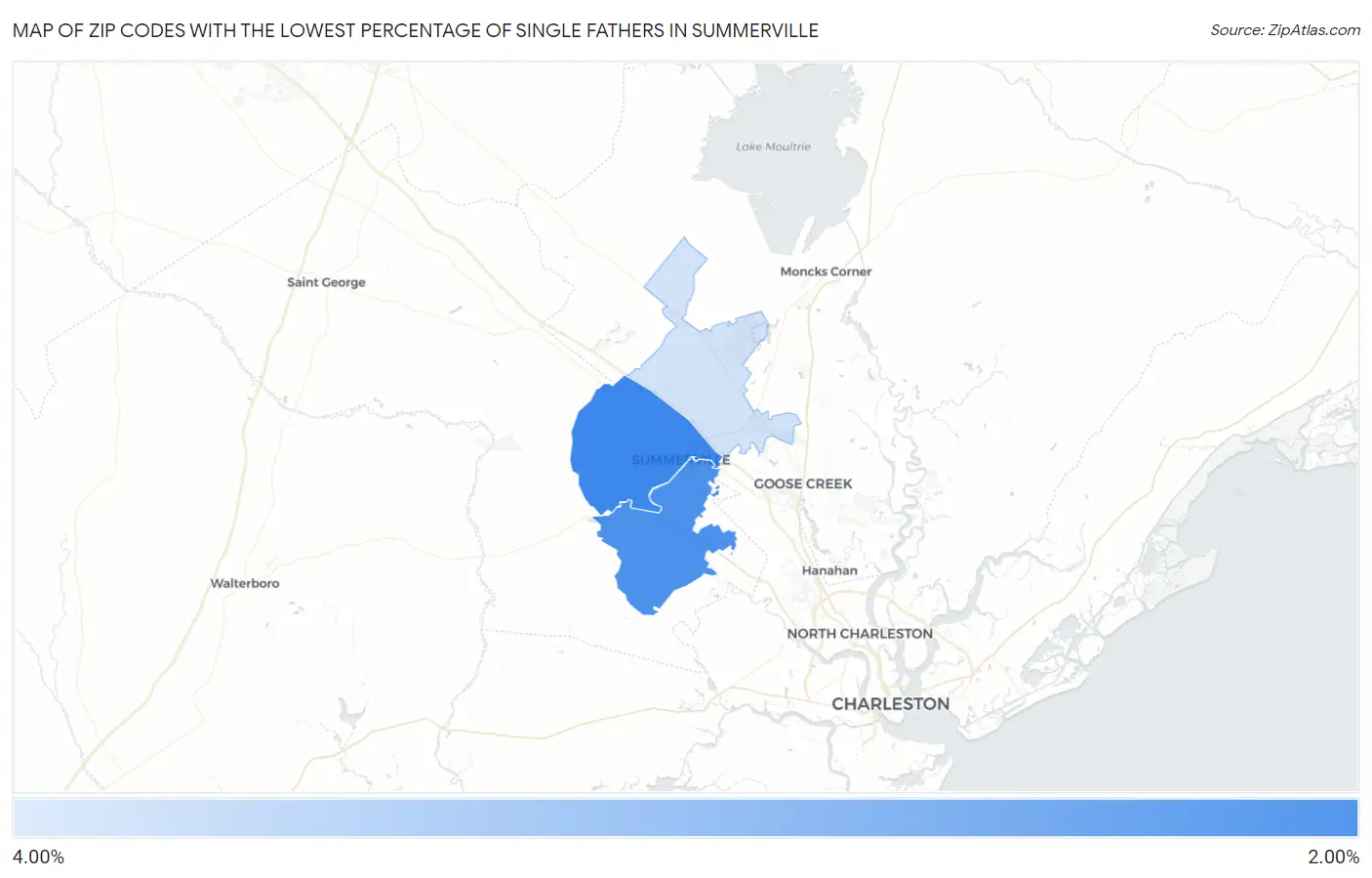 Zip Codes with the Lowest Percentage of Single Fathers in Summerville Map