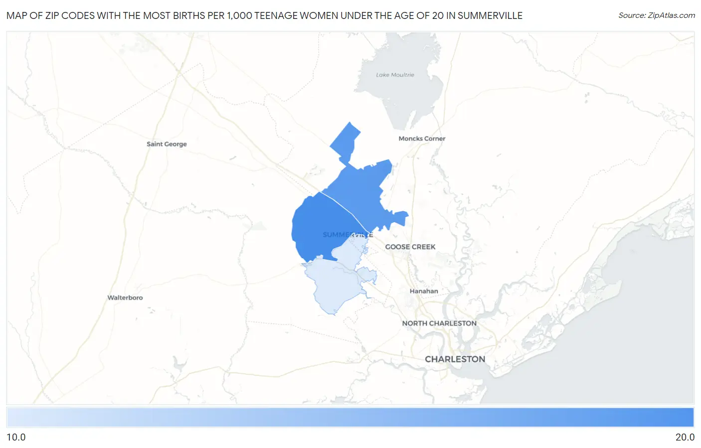 Zip Codes with the Most Births per 1,000 Teenage Women Under the Age of 20 in Summerville Map