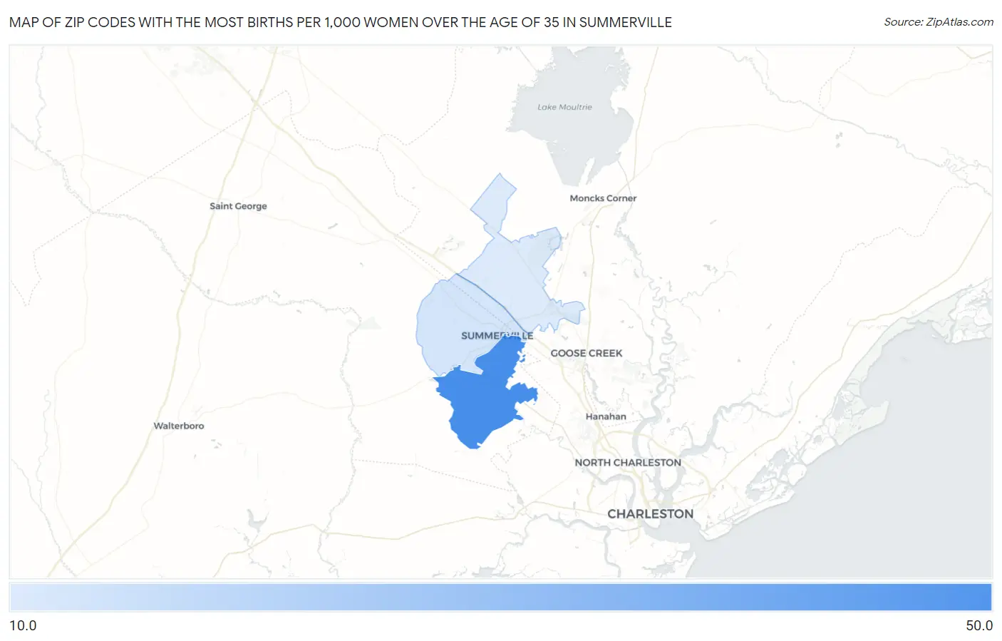 Zip Codes with the Most Births per 1,000 Women Over the Age of 35 in Summerville Map