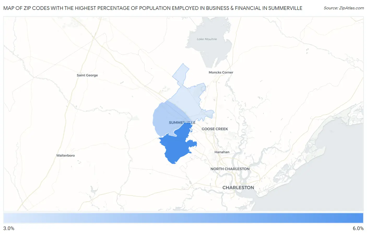 Zip Codes with the Highest Percentage of Population Employed in Business & Financial in Summerville Map