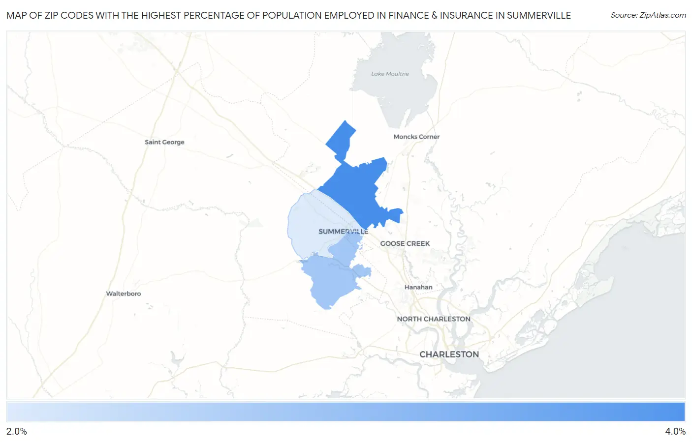 Zip Codes with the Highest Percentage of Population Employed in Finance & Insurance in Summerville Map