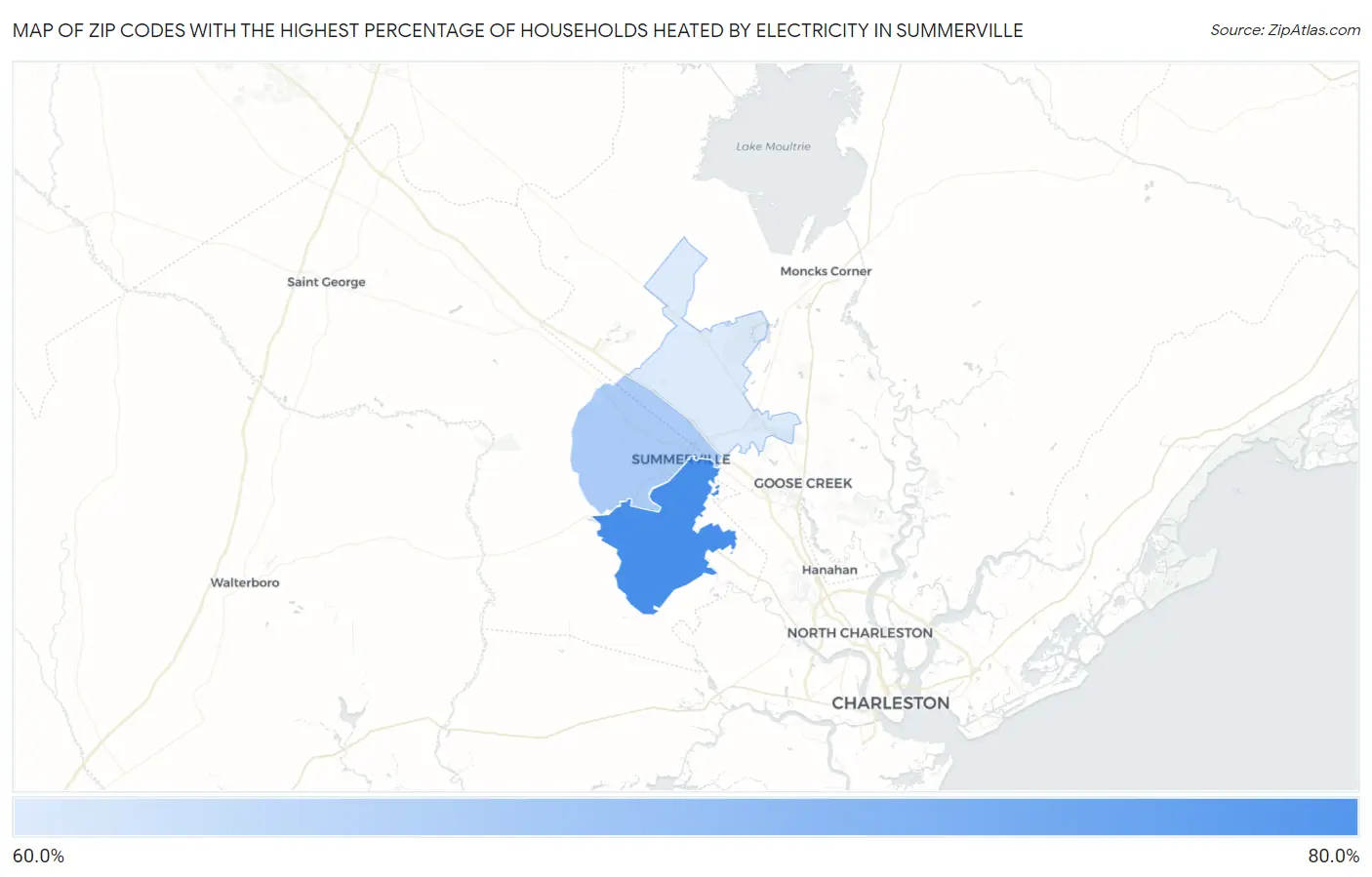 Zip Codes with the Highest Percentage of Households Heated by Electricity in Summerville Map