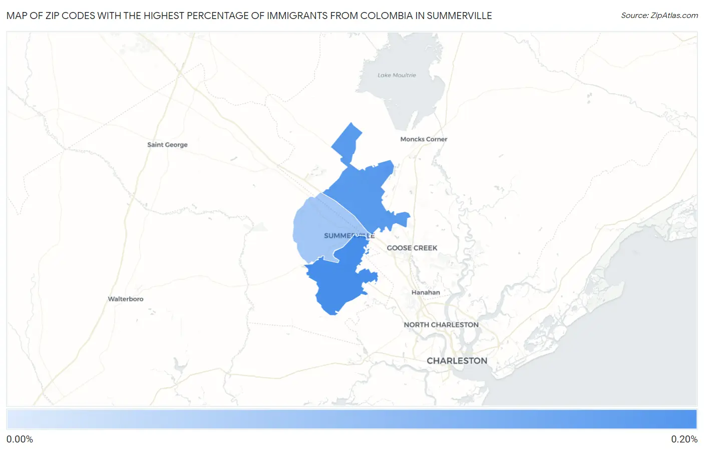 Zip Codes with the Highest Percentage of Immigrants from Colombia in Summerville Map