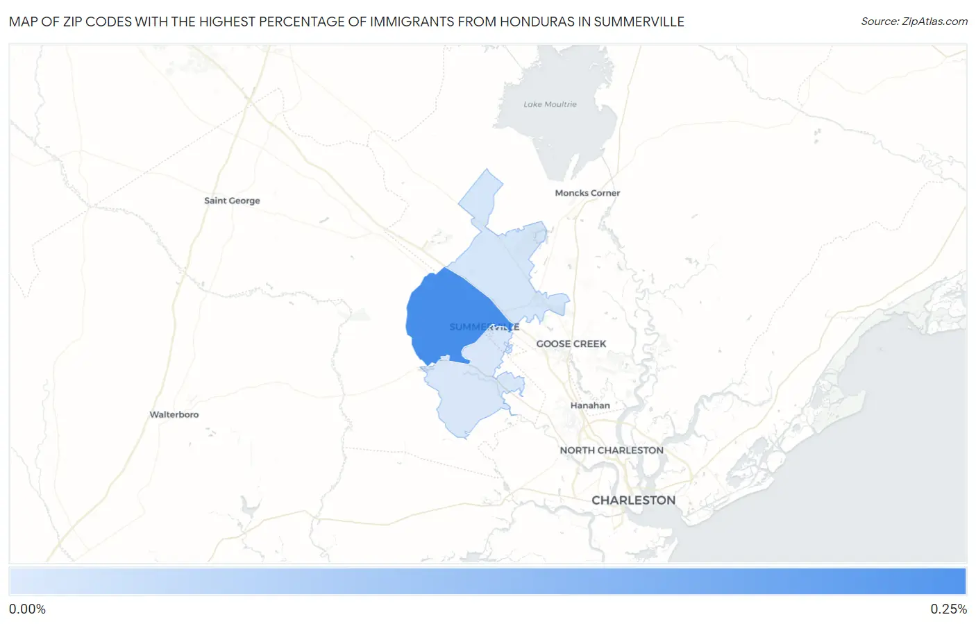 Zip Codes with the Highest Percentage of Immigrants from Honduras in Summerville Map
