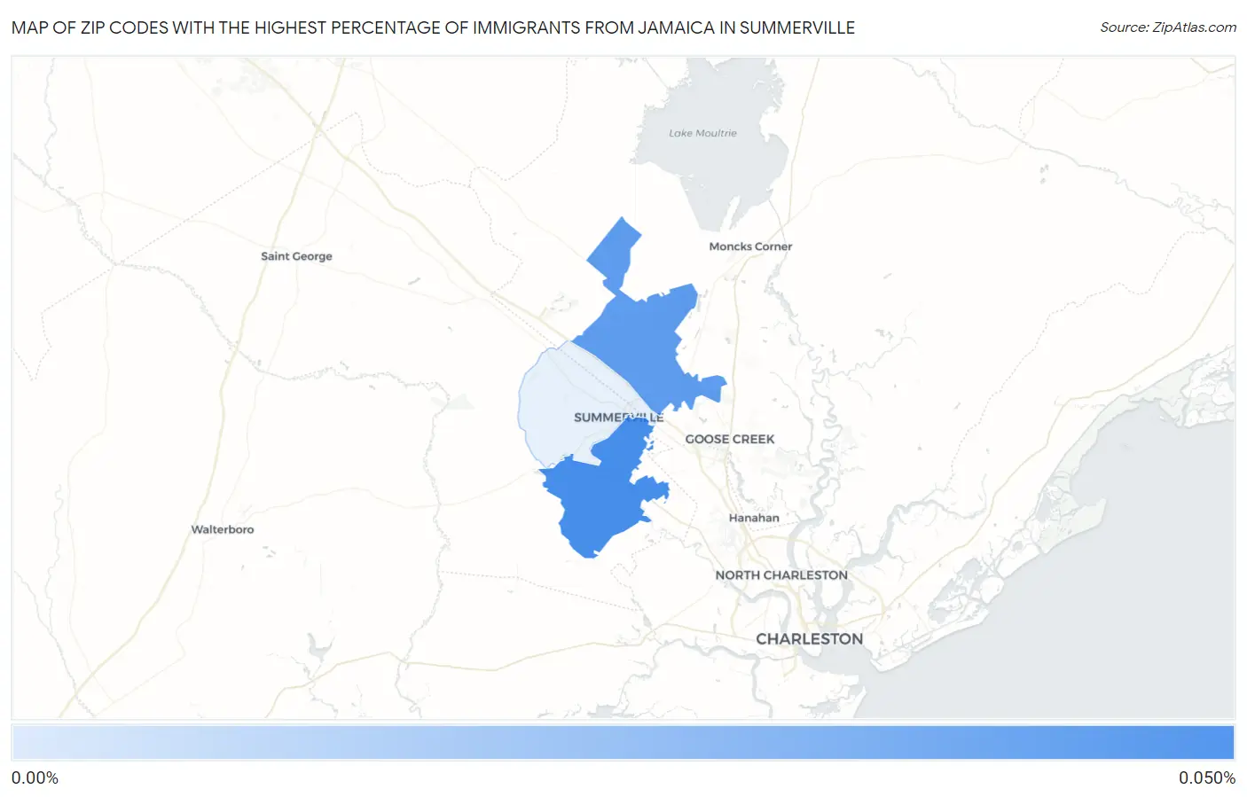 Zip Codes with the Highest Percentage of Immigrants from Jamaica in Summerville Map