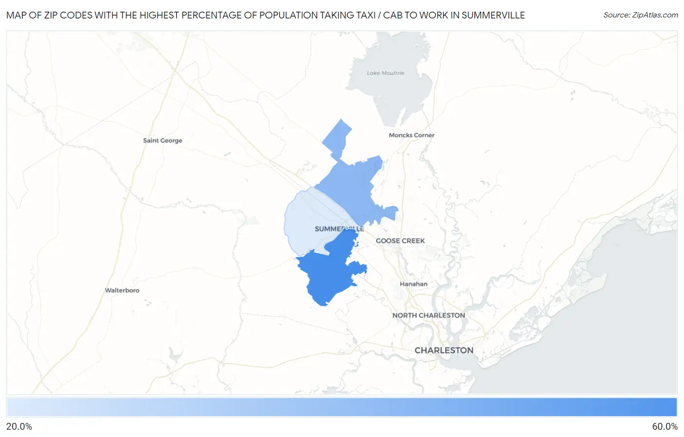 Zip Codes with the Highest Percentage of Population Taking Taxi / Cab to Work in Summerville Map