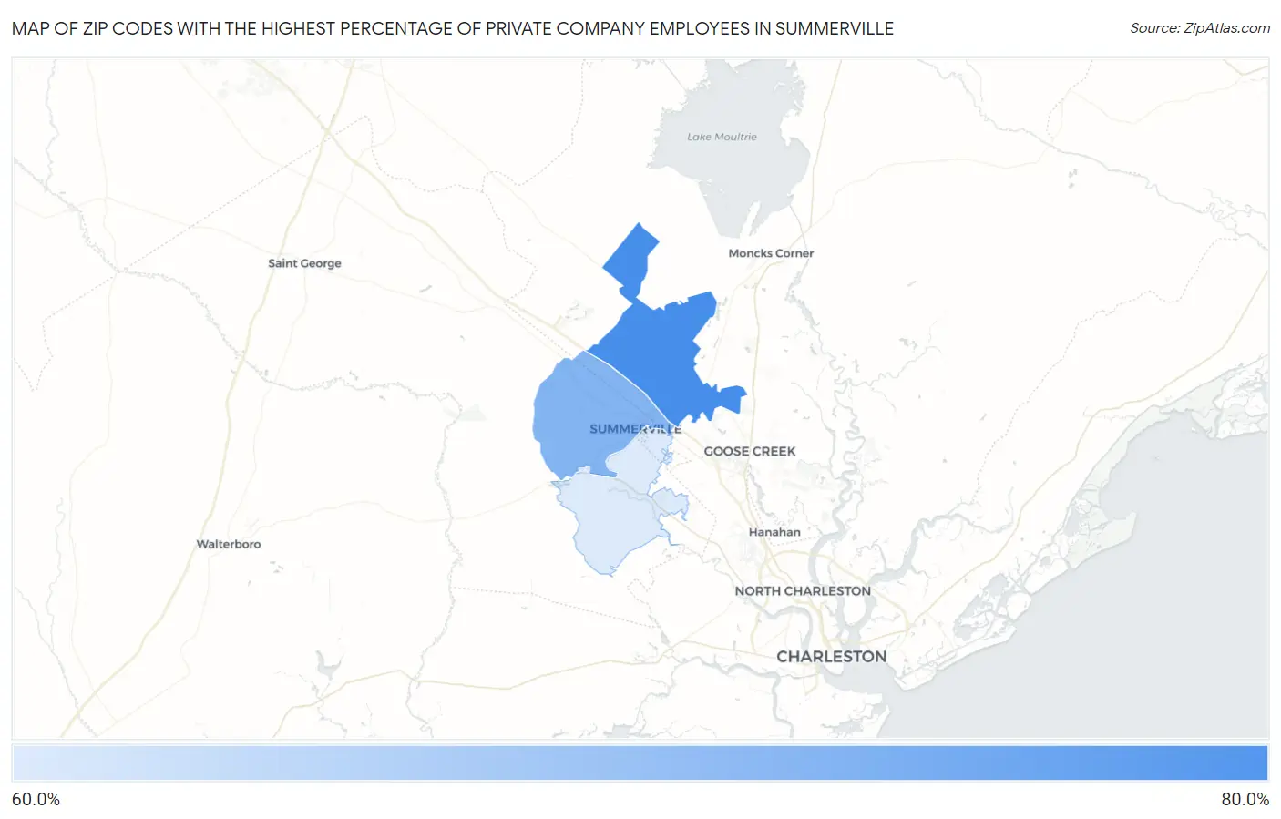 Zip Codes with the Highest Percentage of Private Company Employees in Summerville Map