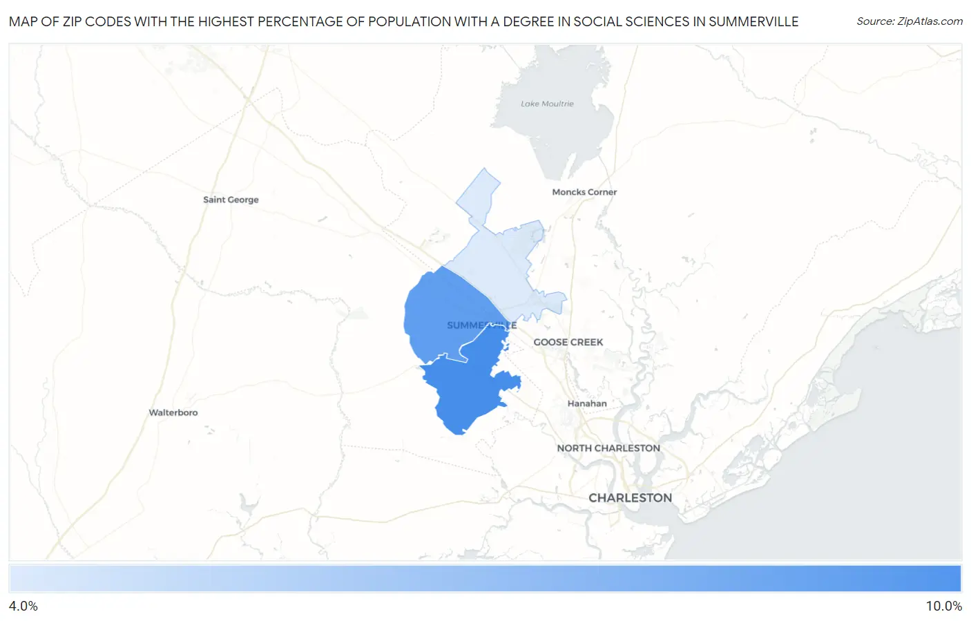 Zip Codes with the Highest Percentage of Population with a Degree in Social Sciences in Summerville Map