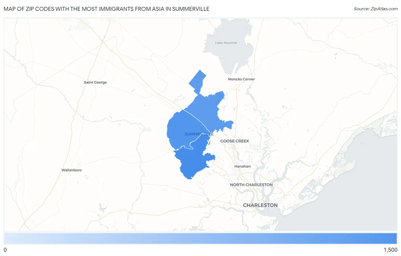 Zip Codes with the Most Immigrants from Asia in Summerville Map