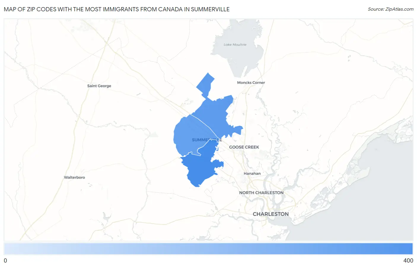 Zip Codes with the Most Immigrants from Canada in Summerville Map