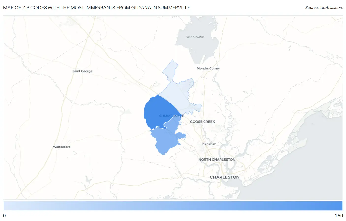 Zip Codes with the Most Immigrants from Guyana in Summerville Map