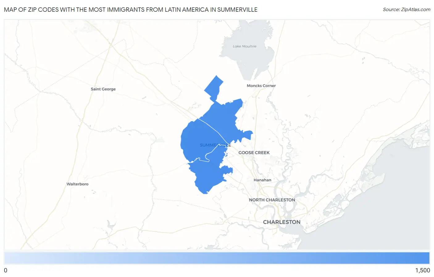 Zip Codes with the Most Immigrants from Latin America in Summerville Map