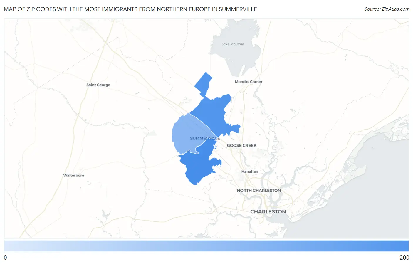 Zip Codes with the Most Immigrants from Northern Europe in Summerville Map