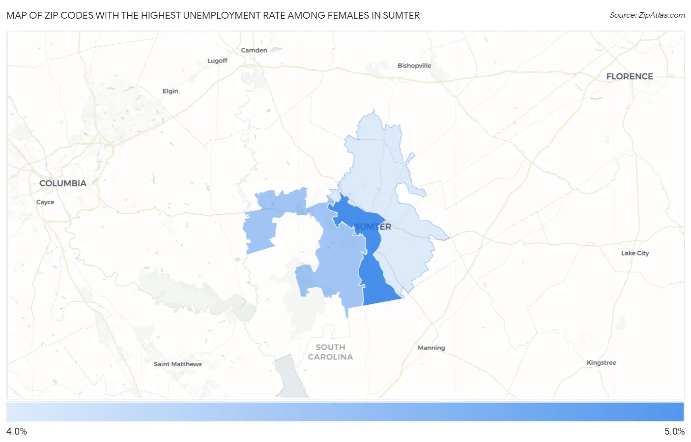 Zip Codes with the Highest Unemployment Rate Among Females in Sumter Map
