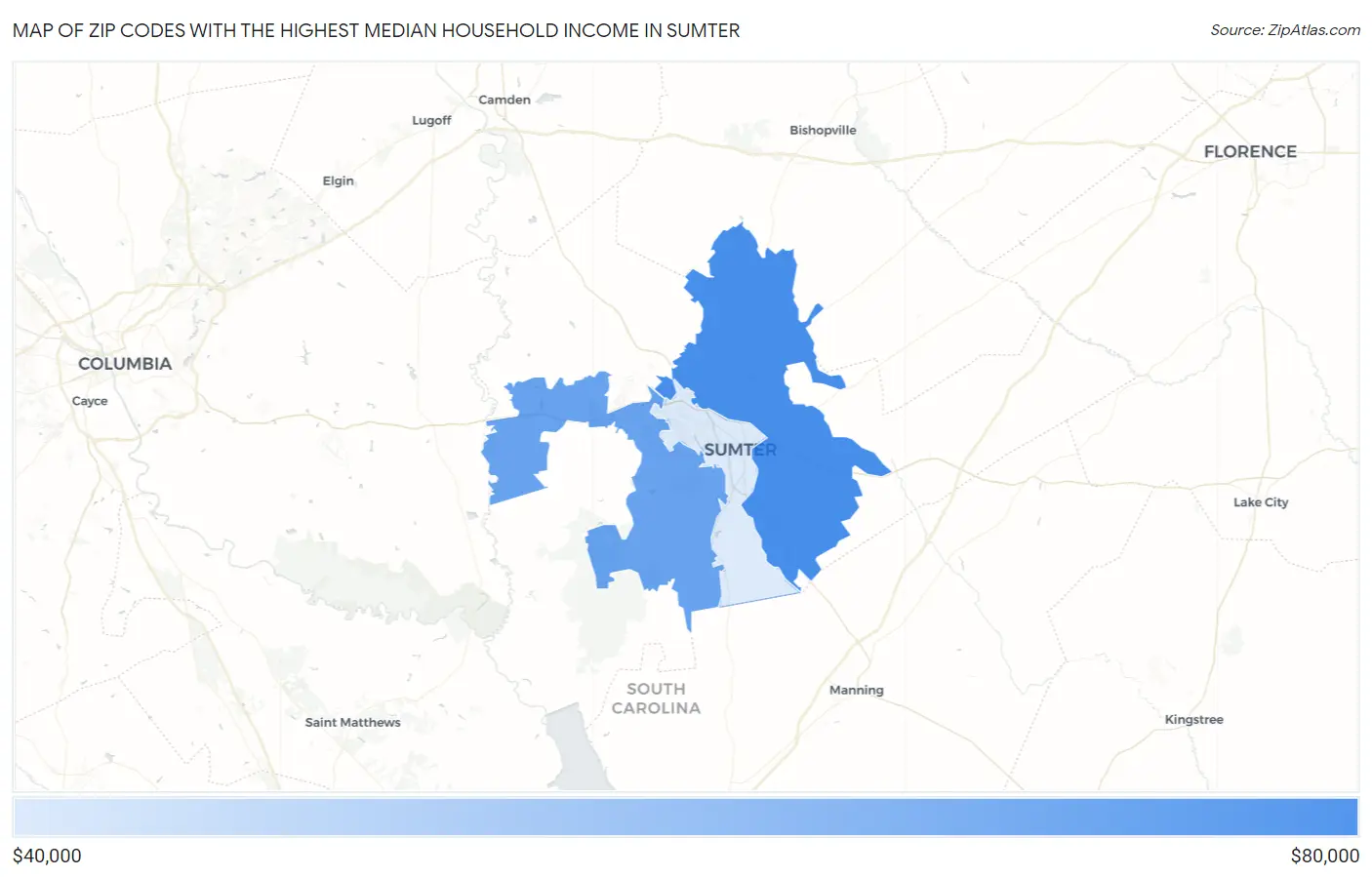 Zip Codes with the Highest Median Household Income in Sumter Map