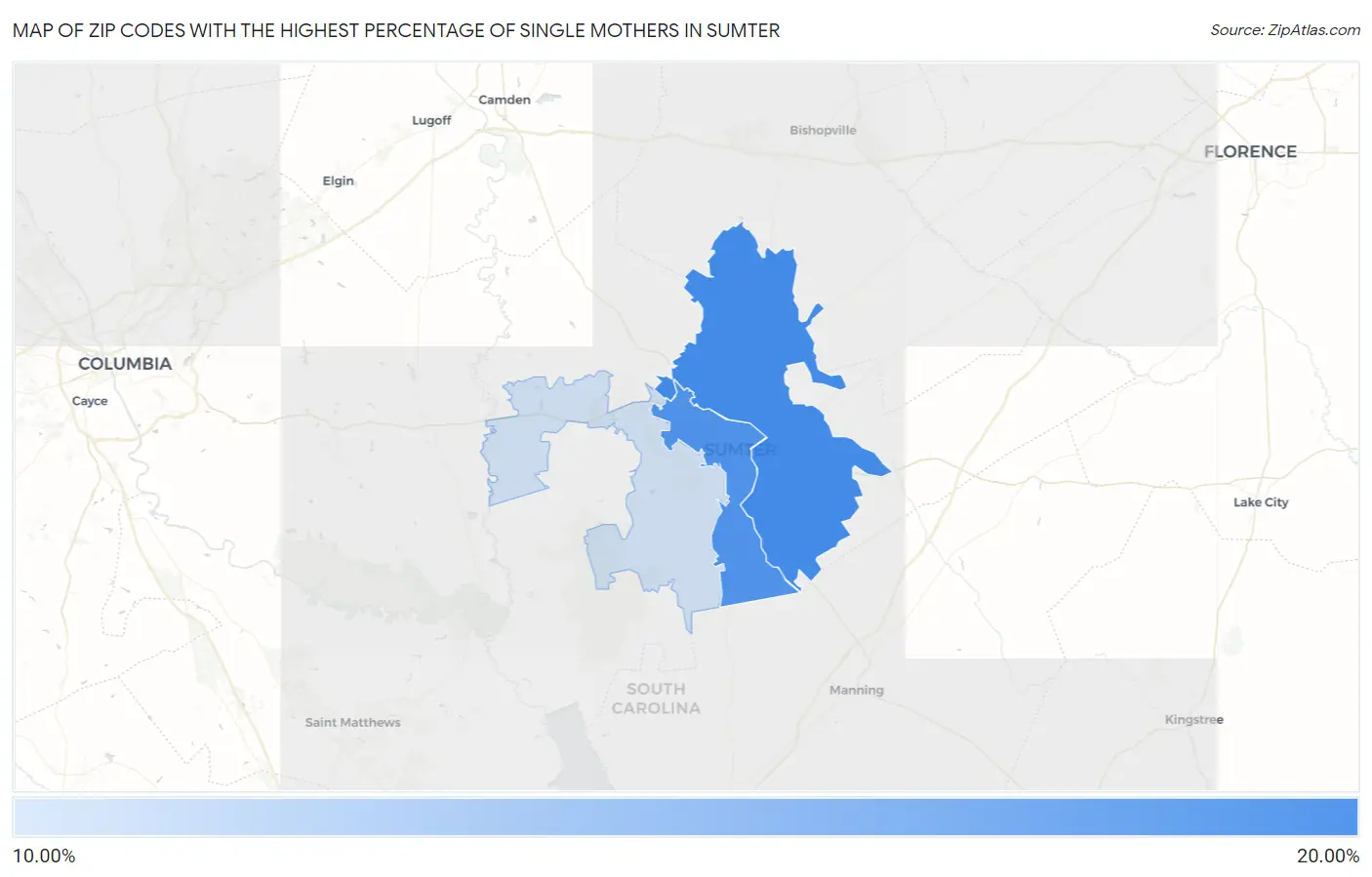 Zip Codes with the Highest Percentage of Single Mothers in Sumter Map