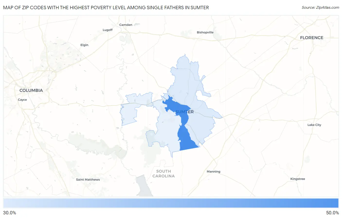 Zip Codes with the Highest Poverty Level Among Single Fathers in Sumter Map