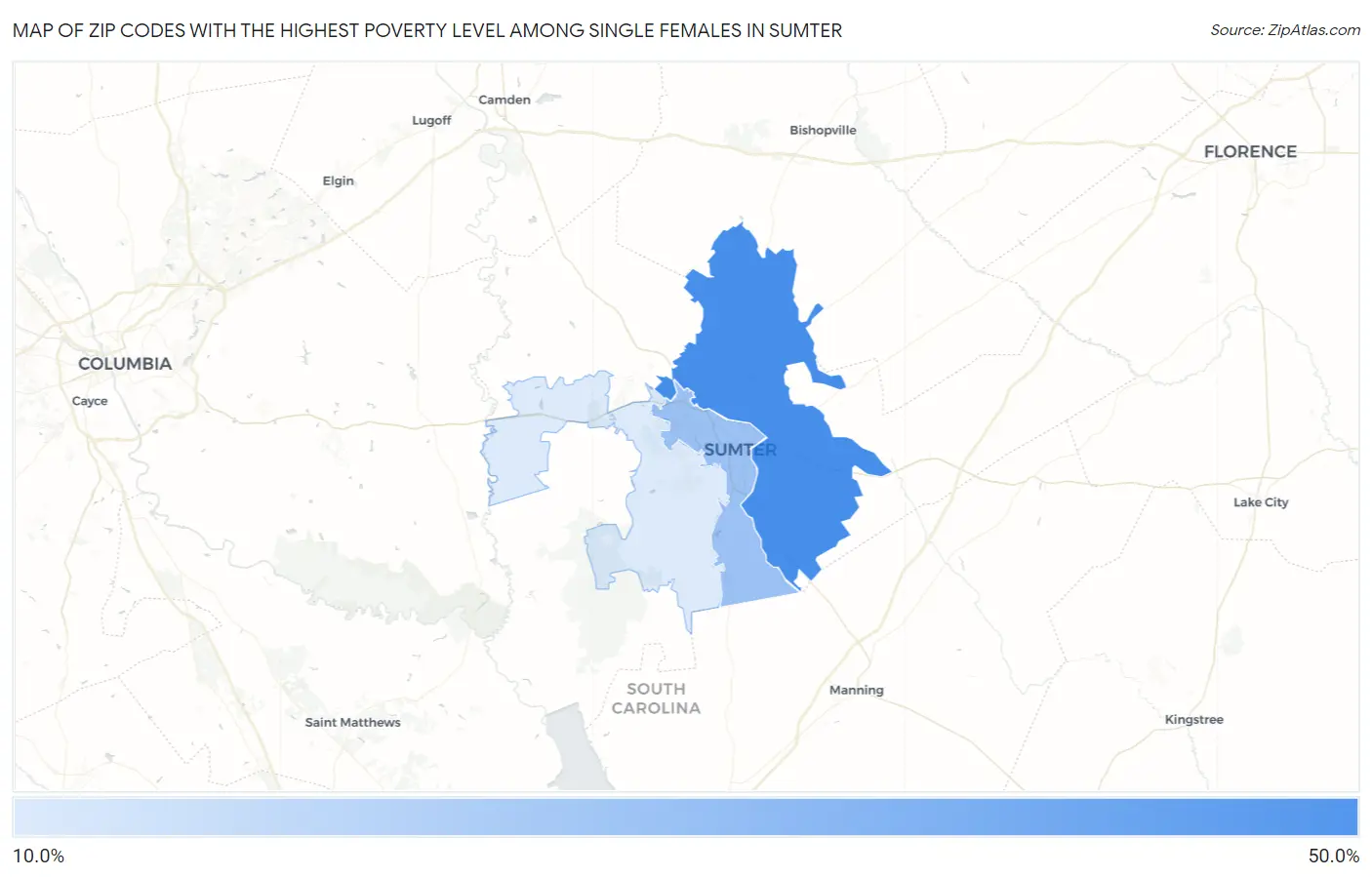 Zip Codes with the Highest Poverty Level Among Single Females in Sumter Map