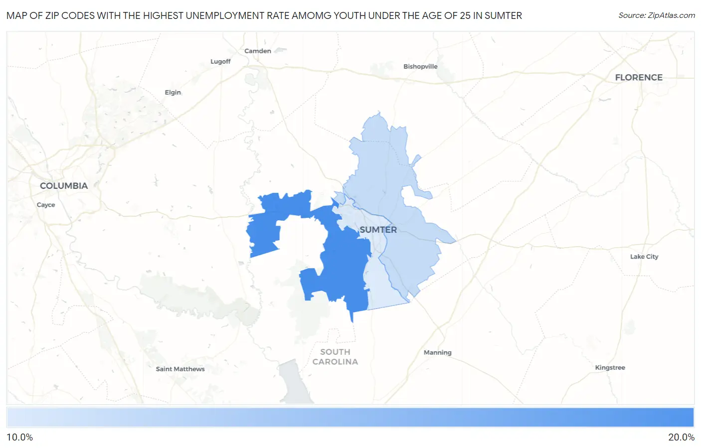 Zip Codes with the Highest Unemployment Rate Amomg Youth Under the Age of 25 in Sumter Map