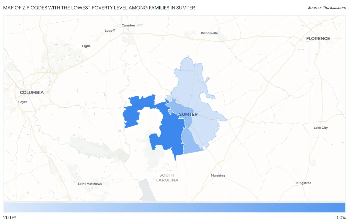 Zip Codes with the Lowest Poverty Level Among Families in Sumter Map